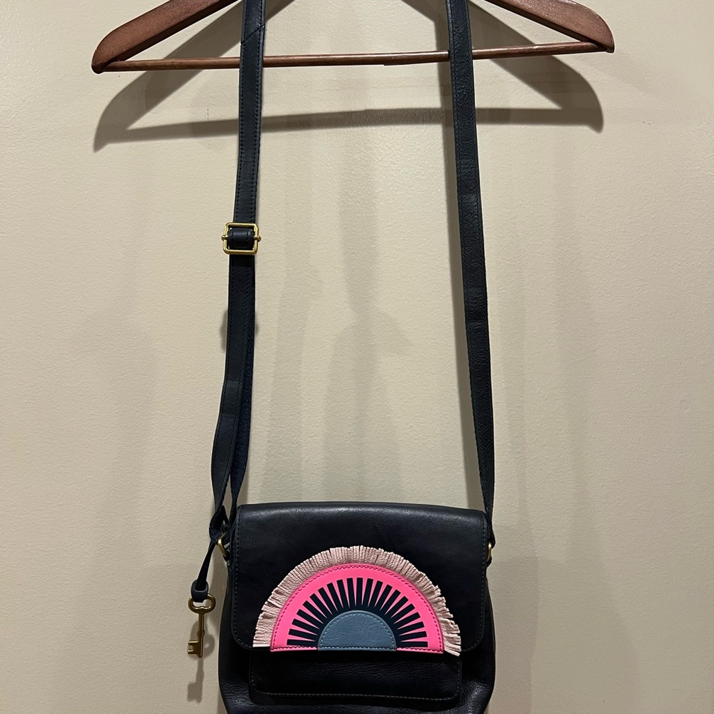 Fossil Leather Crossbody Handbag Purse Blue embellishment sunrise